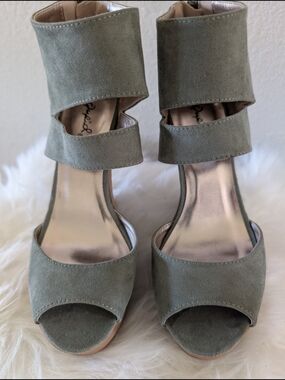 Qupid Olive Green Suede Double-Band Ankle-Heel Sandals